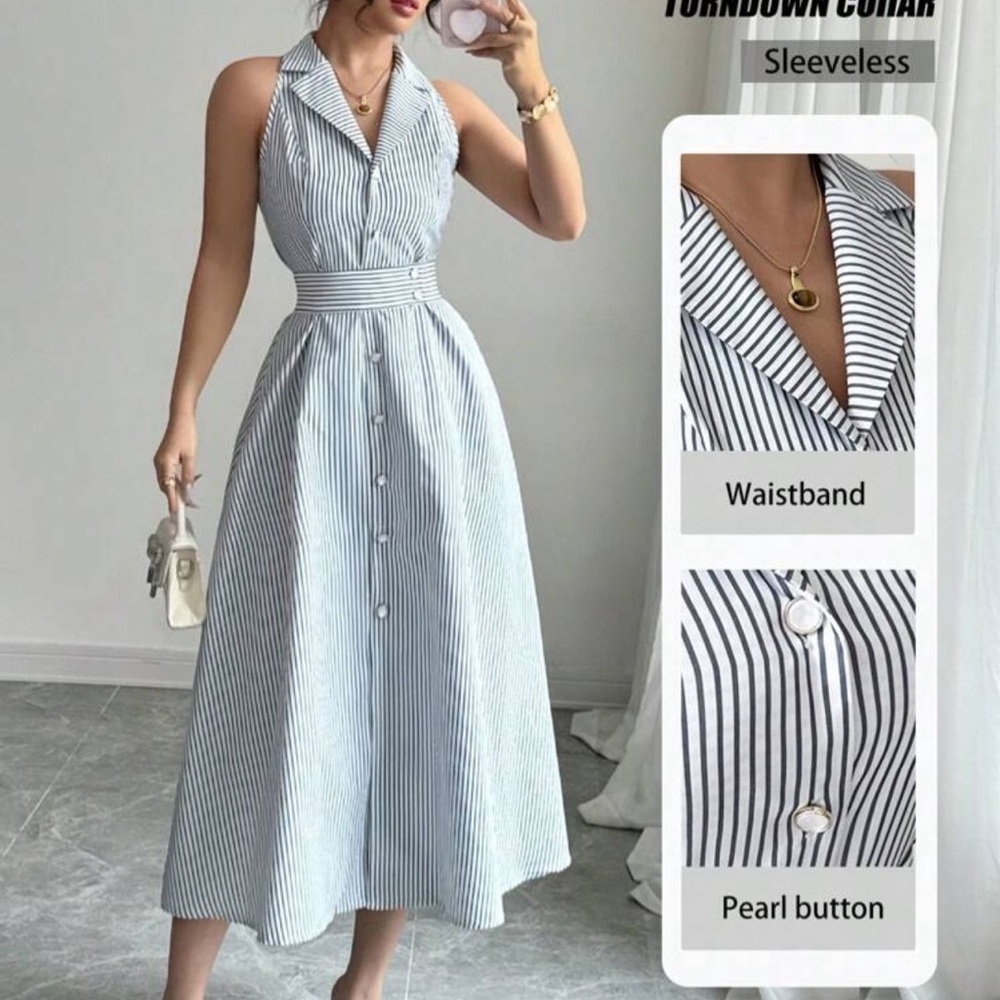 Striped Sleeveless Dress with Waistband and Pearl Buttons